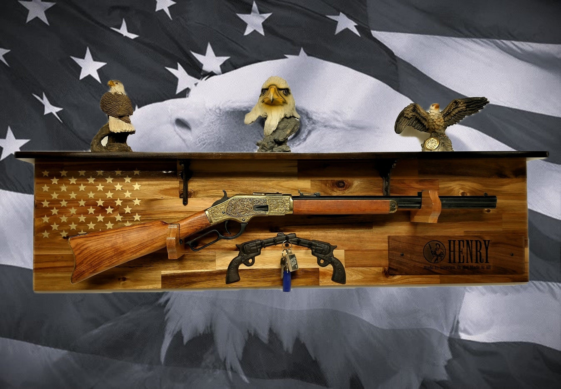 Walker Wood Gifts gun rack Tradition 50 Gold Star Lever Action Henry Shelf Acacia Wood Rifle Gun Display Western Farmhouse Gift