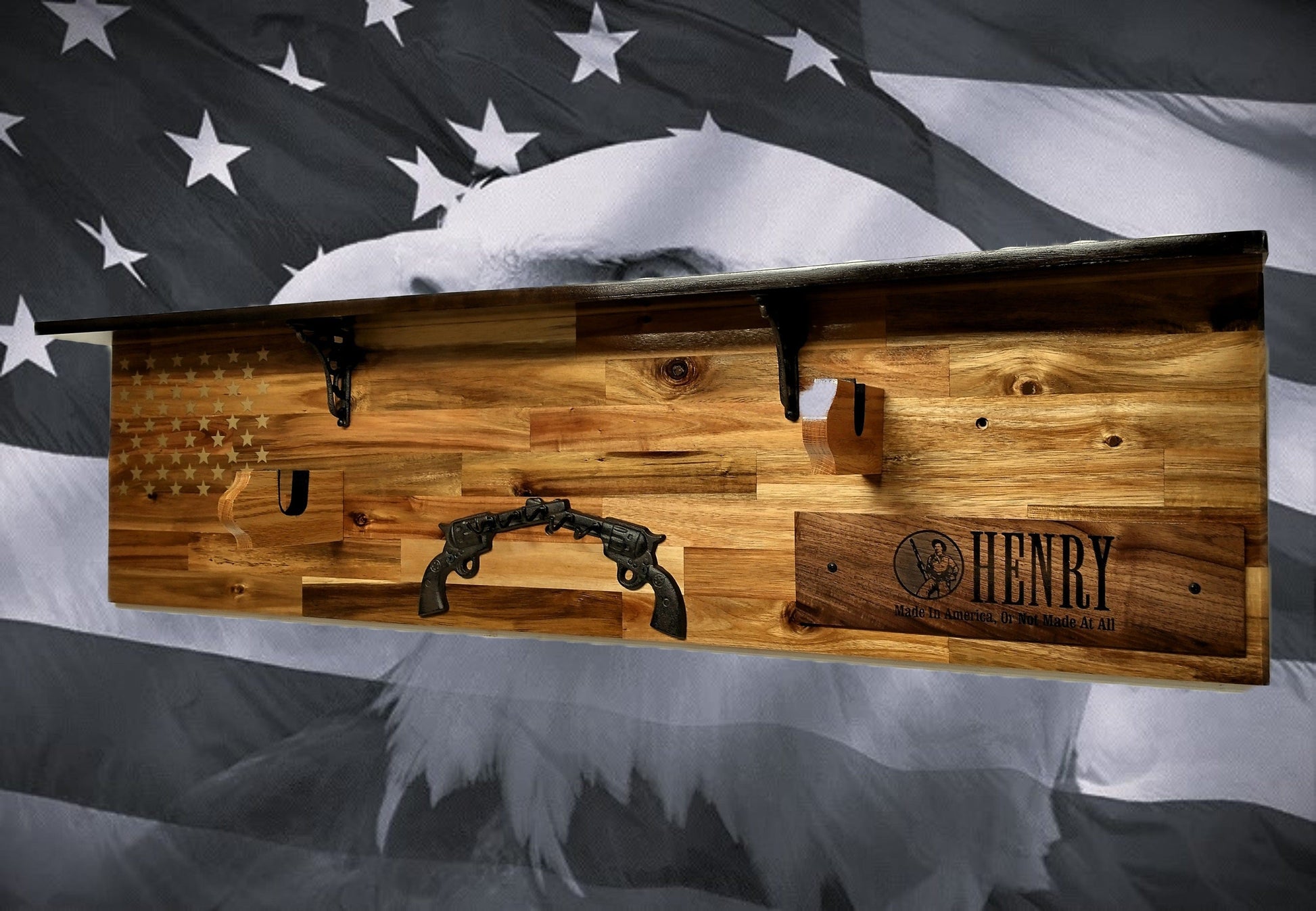 Walker Wood Gifts gun rack Tradition 50 Gold Star Lever Action Henry Shelf Acacia Wood Rifle Gun Display Western Farmhouse Gift