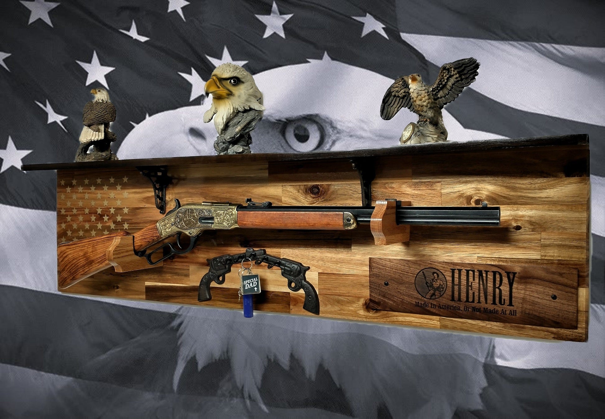 Walker Wood Gifts gun rack Tradition 50 Gold Star Lever Action Henry Shelf Acacia Wood Rifle Gun Display Western Farmhouse Gift