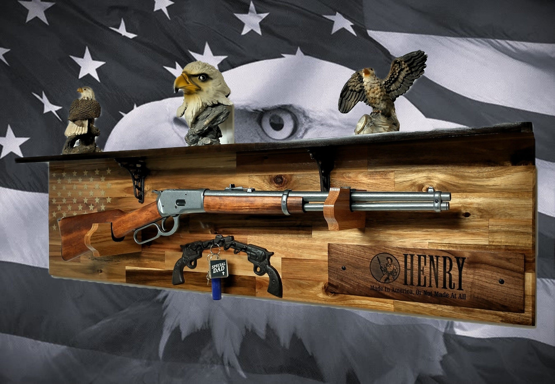 Walker Wood Gifts gun rack Tradition 50 Gold Star Lever Action Henry Shelf Acacia Wood Rifle Gun Display Western Farmhouse Gift