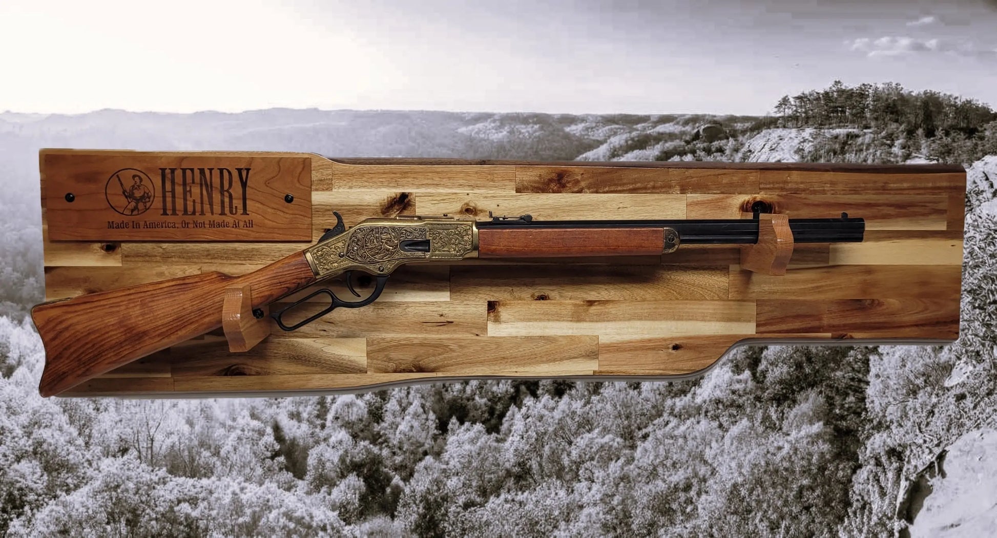 Walker Wood Gifts gun rack Traditional Lever Action Henry Rifle Display Cabin Acacia Décor Collectors Gift