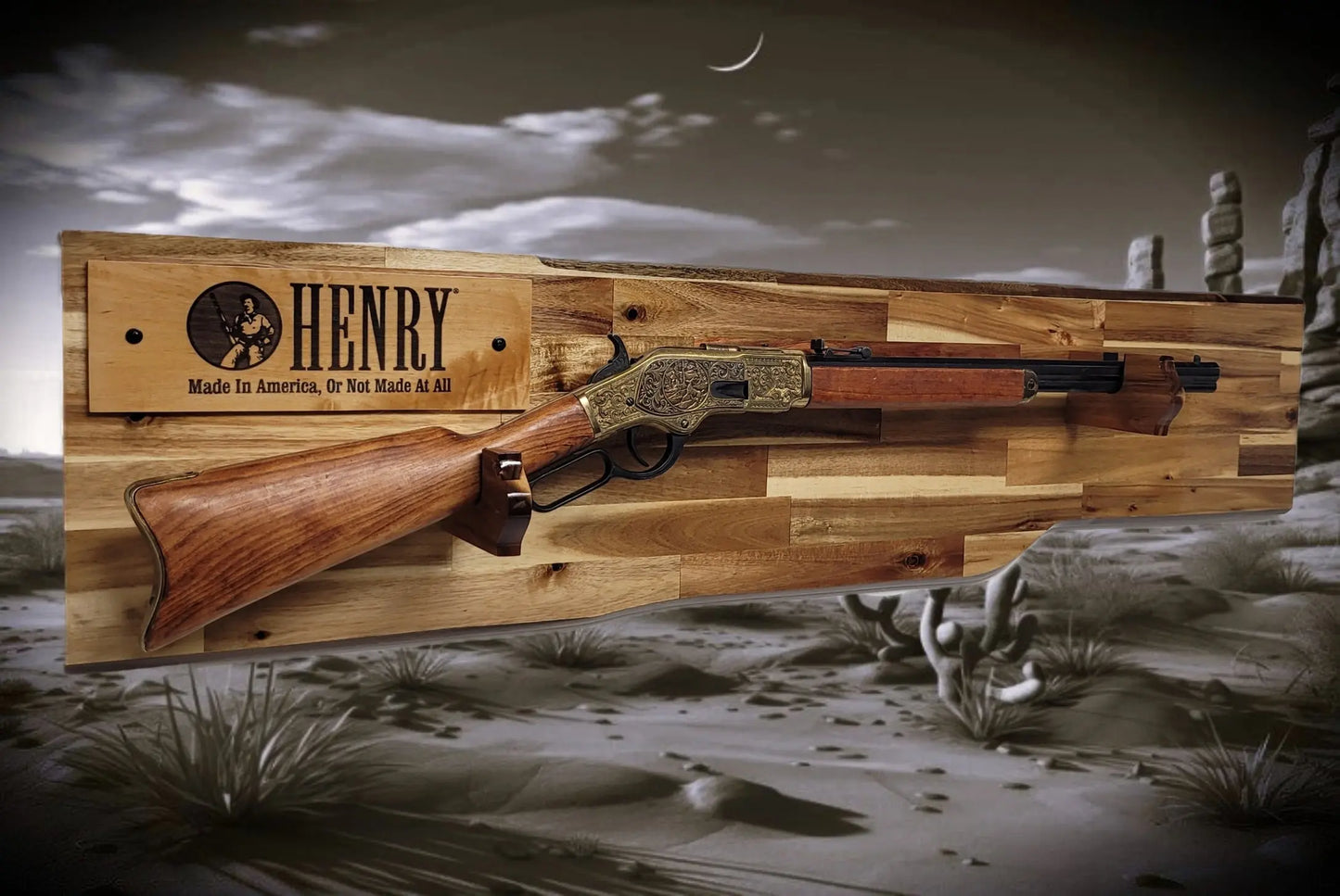 Walker Wood Gifts gun rack Traditional Lever Action Henry Rifle Display Cabin Acacia Décor Collectors Gift