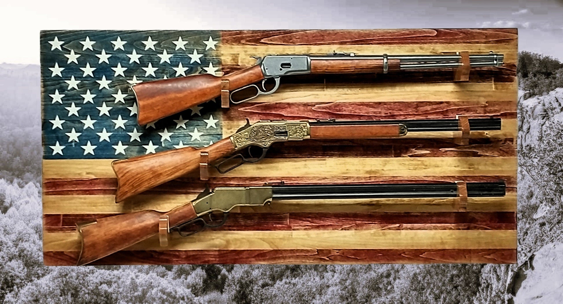 Walker Wood Gifts gun rack Traditional Old Glory 3 Place Lever Action Aspen Rifle Display Unique Collectors Gift