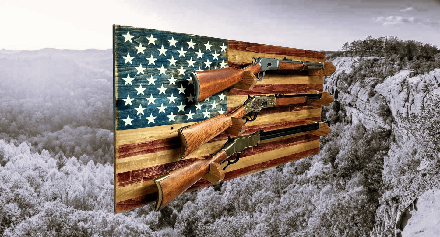 Walker Wood Gifts gun rack Traditional Old Glory 3 Place Lever Action Aspen Rifle Display Unique Collectors Gift