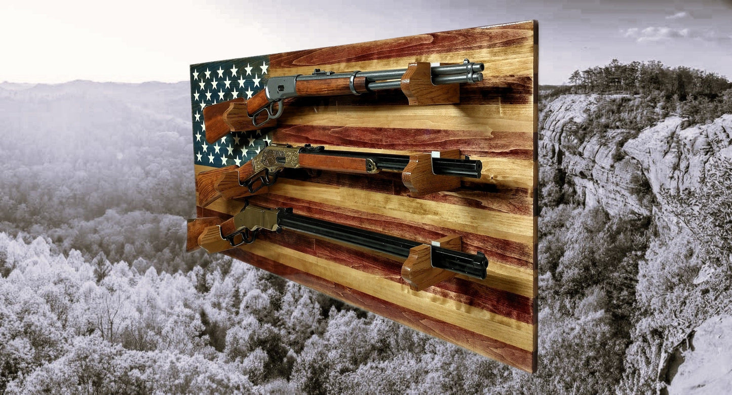 Walker Wood Gifts gun rack Traditional Old Glory 3 Place Lever Action Aspen Rifle Display Unique Collectors Gift