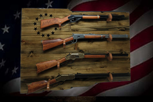 Walker Wood Gifts gun rack Unique Rustic 4 Place Lever Action Display Knotty Pine 13 Black Star Patriotic Collectors Gift