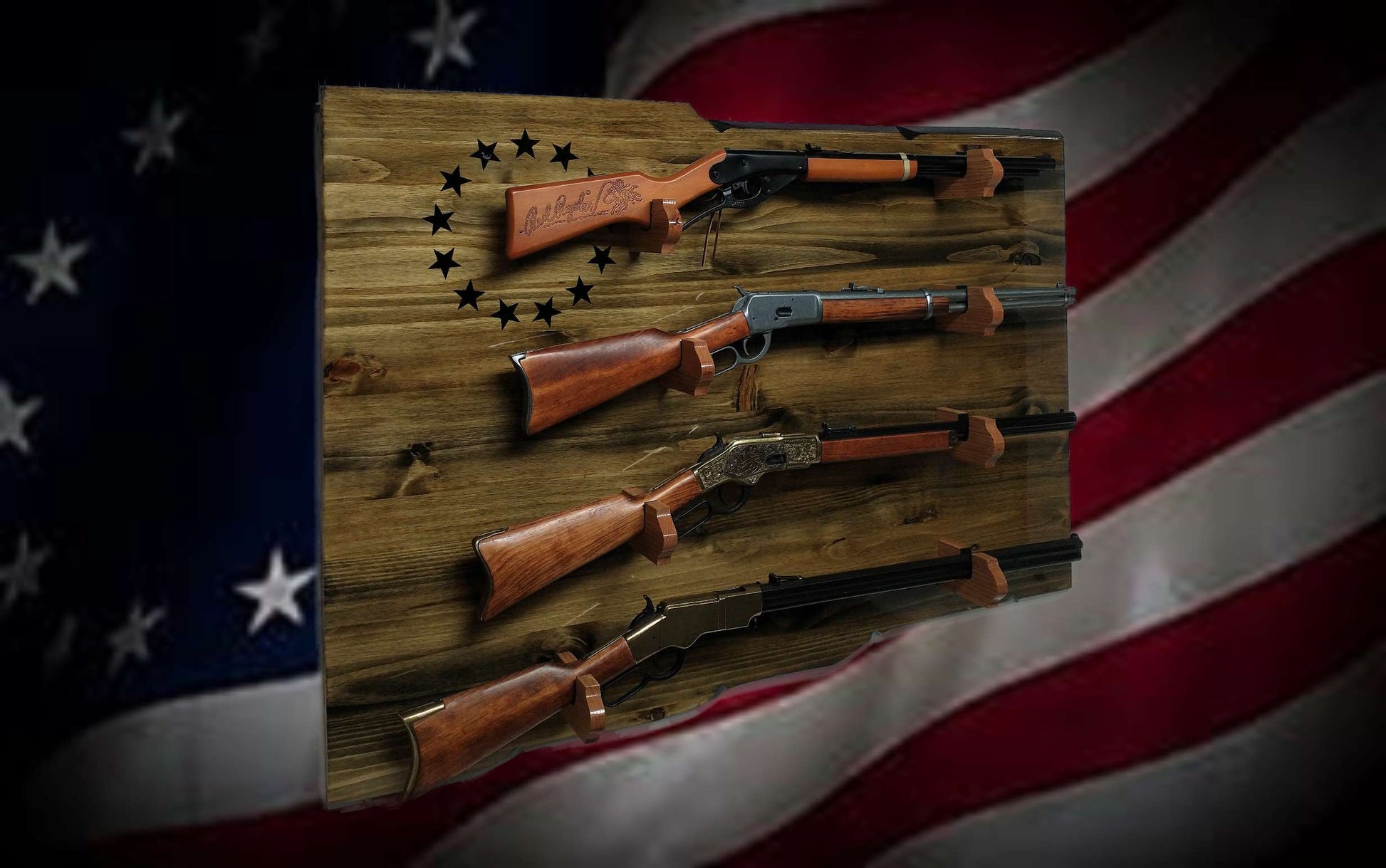 Walker Wood Gifts gun rack Unique Rustic 4 Place Lever Action Display Knotty Pine 13 Black Star Patriotic Collectors Gift