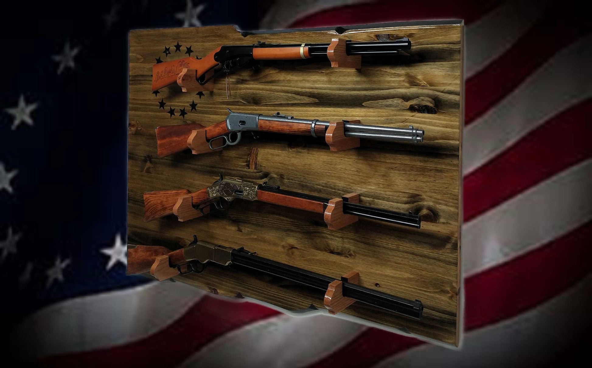 Walker Wood Gifts gun rack Unique Rustic 4 Place Lever Action Display Knotty Pine 13 Black Star Patriotic Collectors Gift