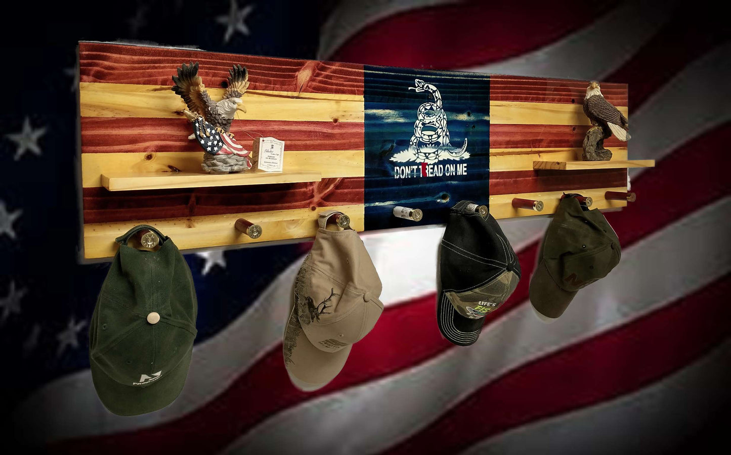 Walker Wood Gifts Hat & Coat Rack Don't Tread on Me Rustic Flag Coat Rack Shelf Wall Hanging Shotgun Shell Pegs Americana Patriotic Decor, Gift, FREE SHIPPING