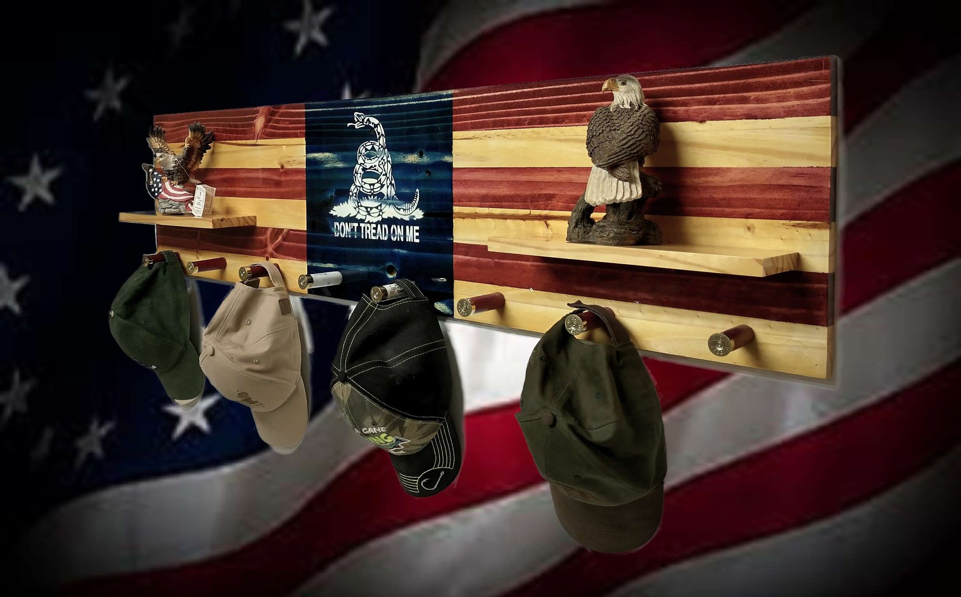 Walker Wood Gifts Hat & Coat Rack Don't Tread on Me Rustic Flag Coat Rack Shelf Wall Hanging Shotgun Shell Pegs Americana Patriotic Decor, Gift, FREE SHIPPING