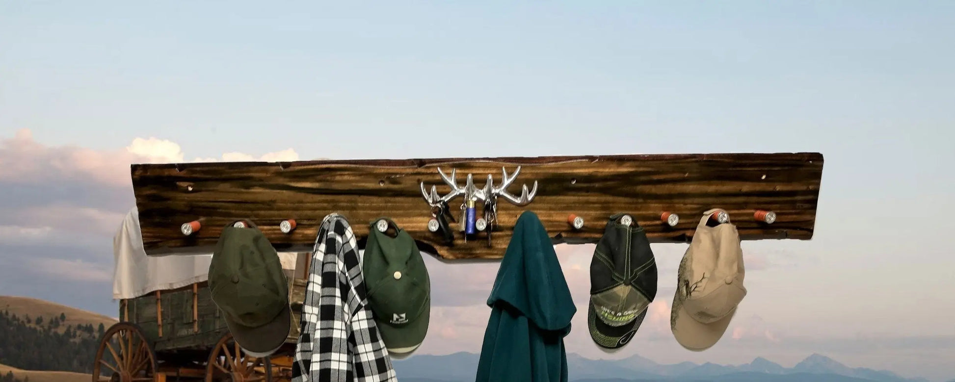 Walker Wood Gifts Large Rustic Shotgun Shell Coat Rack with Antler Key Holder