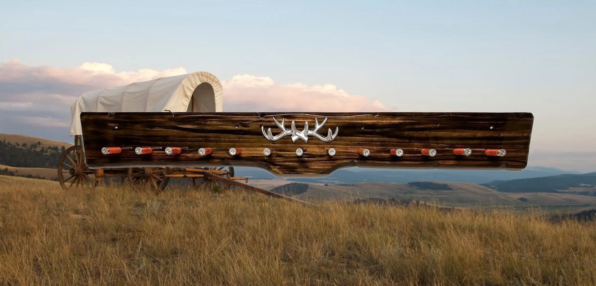 Walker Wood Gifts Large Rustic Shotgun Shell Coat Rack with Antler Key Holder
