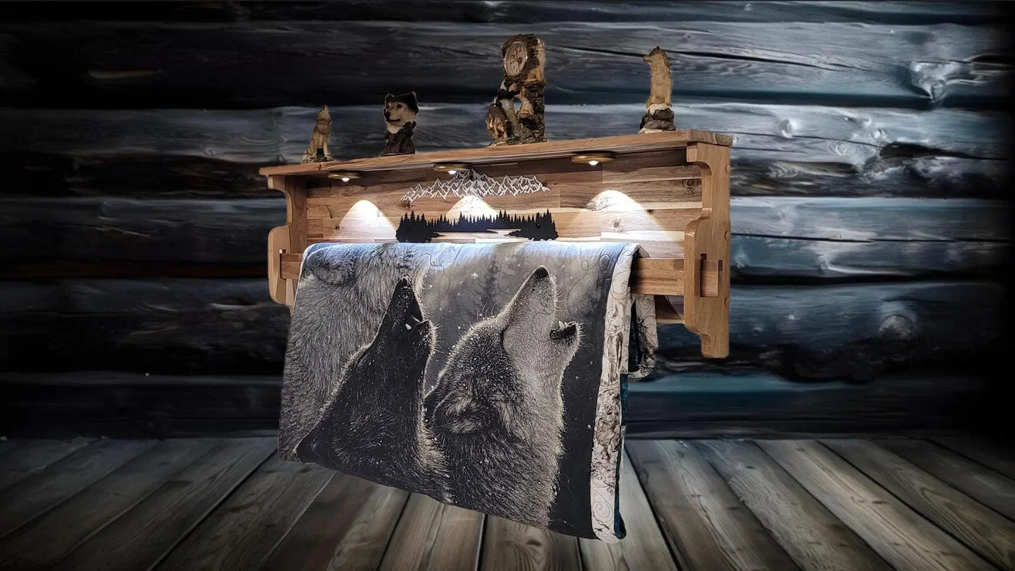Walker Wood Gifts Lighted Acacia Quilt Rack with Shelf | Rustic Mountain Forest Silhouette Display