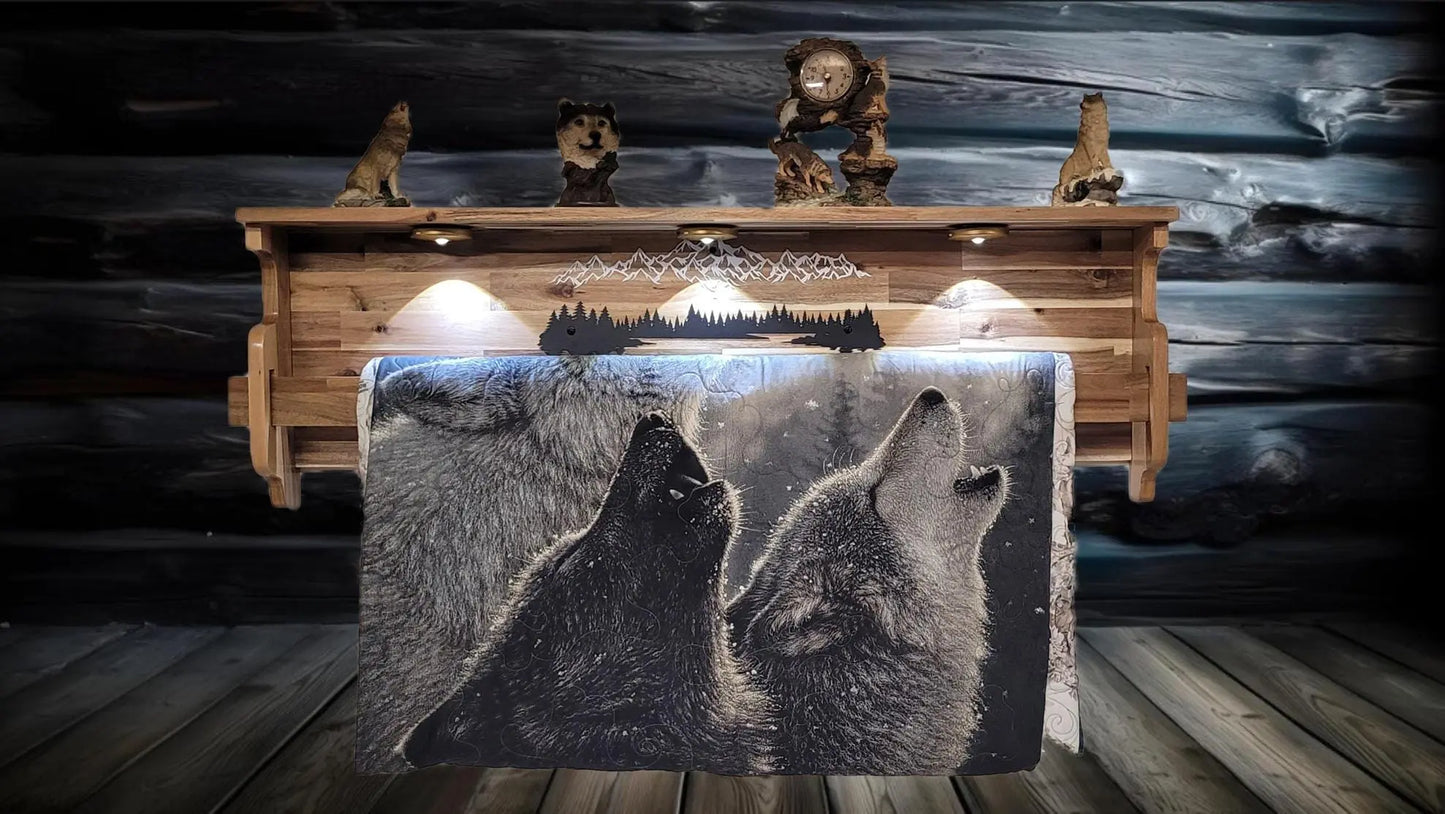 Walker Wood Gifts Lighted Acacia Quilt Rack with Shelf | Rustic Mountain Forest Silhouette Display