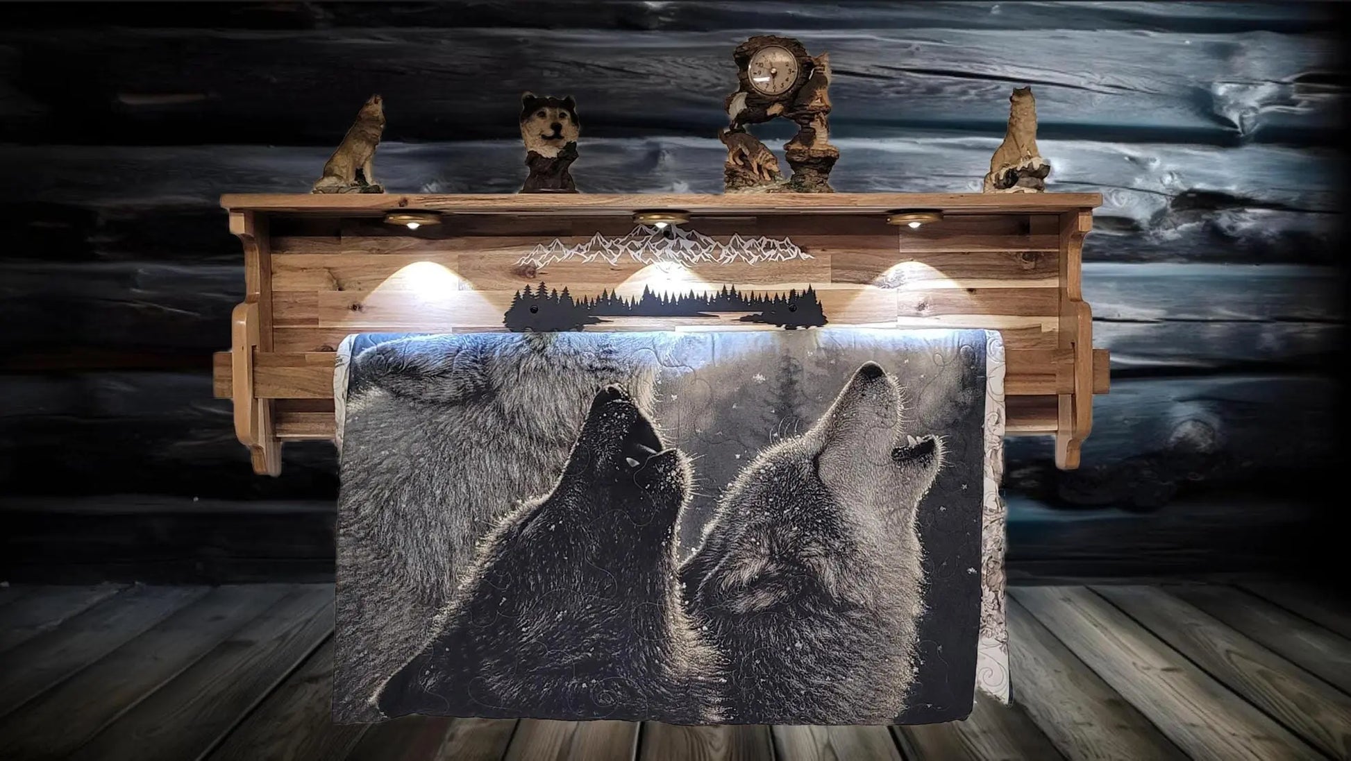 Walker Wood Gifts Lighted Acacia Quilt Rack with Shelf | Rustic Mountain Forest Silhouette Display