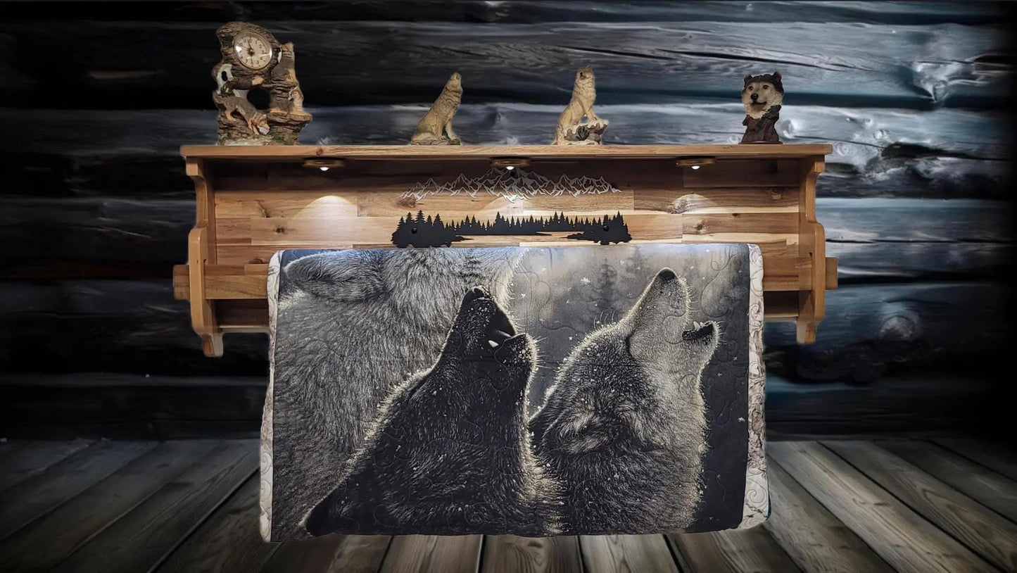 Walker Wood Gifts Lighted Acacia Quilt Rack with Shelf | Rustic Mountain Forest Silhouette Display