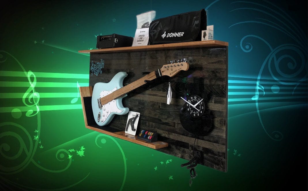 Walker Wood Gifts Musical Display COMPLETE Electric Donner Guitar Unique Traditional 2 place Wall Display Accessories Included Gift Musical