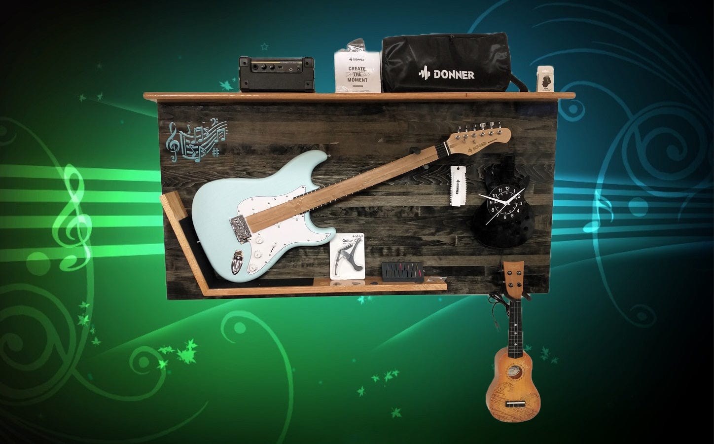 Walker Wood Gifts Musical Display COMPLETE Electric Donner Guitar Unique Traditional 2 place Wall Display Accessories Included Gift Musical