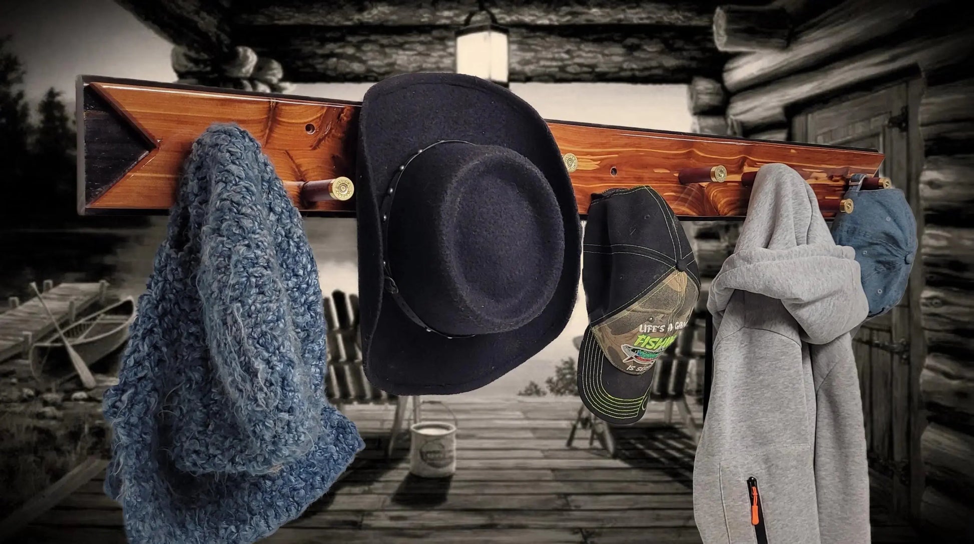 Walker Wood Gifts Red Cedar Coat Hat Rack with Gunshot Shell Hooks – Rustic Wall Decor