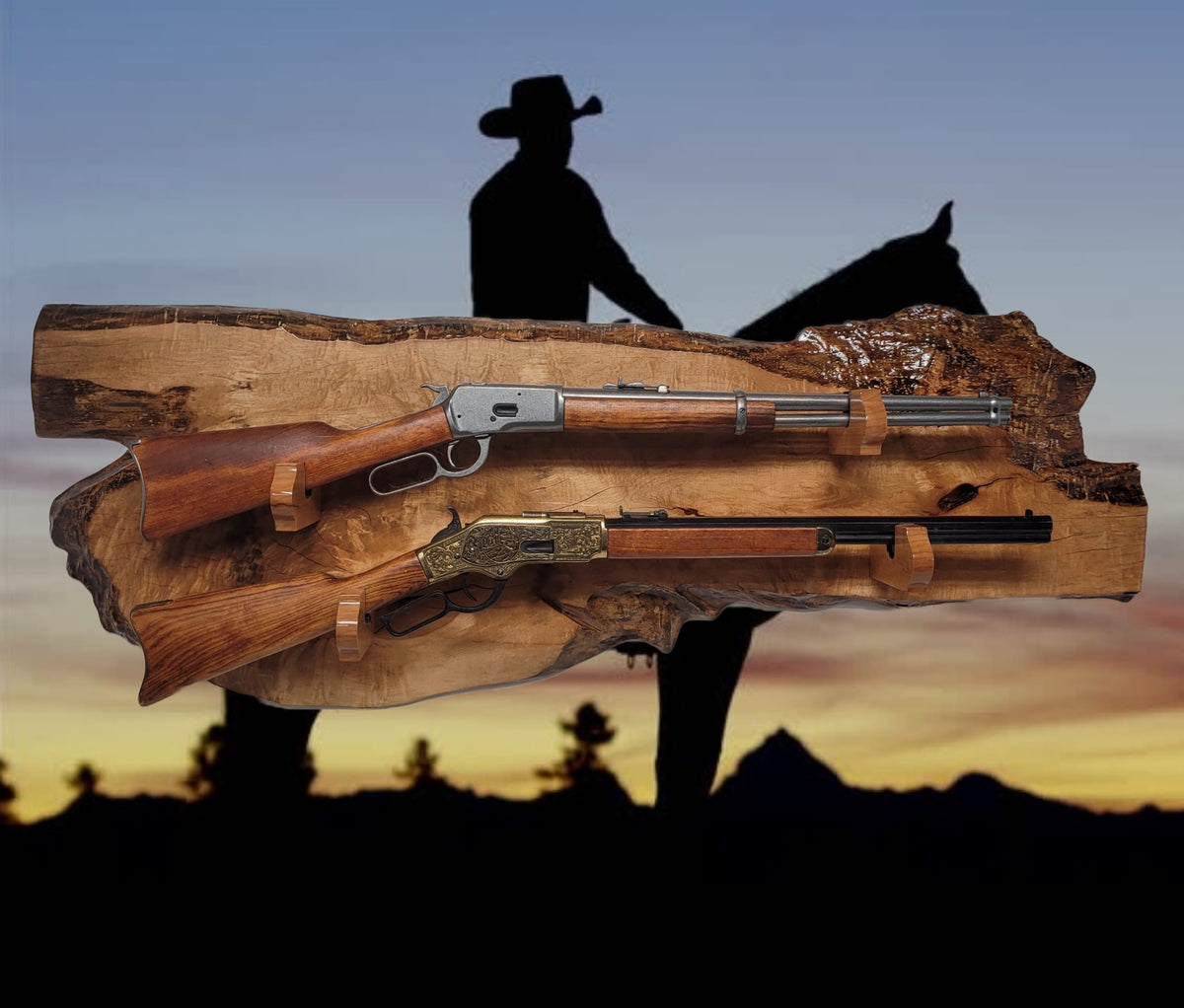 Walker Wood Gifts Rustic 2 Place Lever Action Wall Display Beautiful Live Edge Cherry Perfect Collector's Gift!