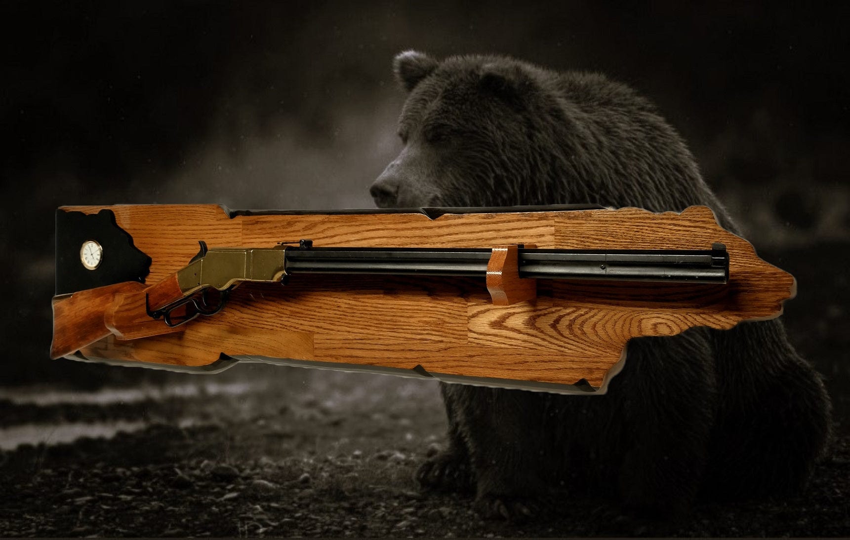 Walker Wood Gifts Rustic Bear Lever Action Henry Rifle Display Faux Live Edge Gun Rack Cabin Oak with Clock Décor Collectors Gift