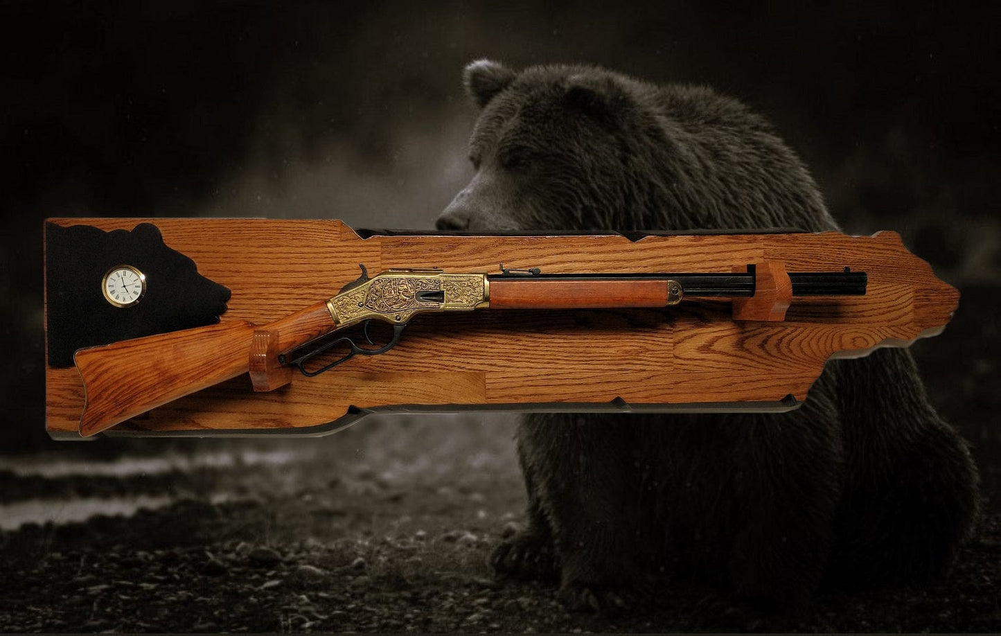 Walker Wood Gifts Rustic Bear Lever Action Henry Rifle Display Faux Live Edge Gun Rack Cabin Oak with Clock Décor Collectors Gift