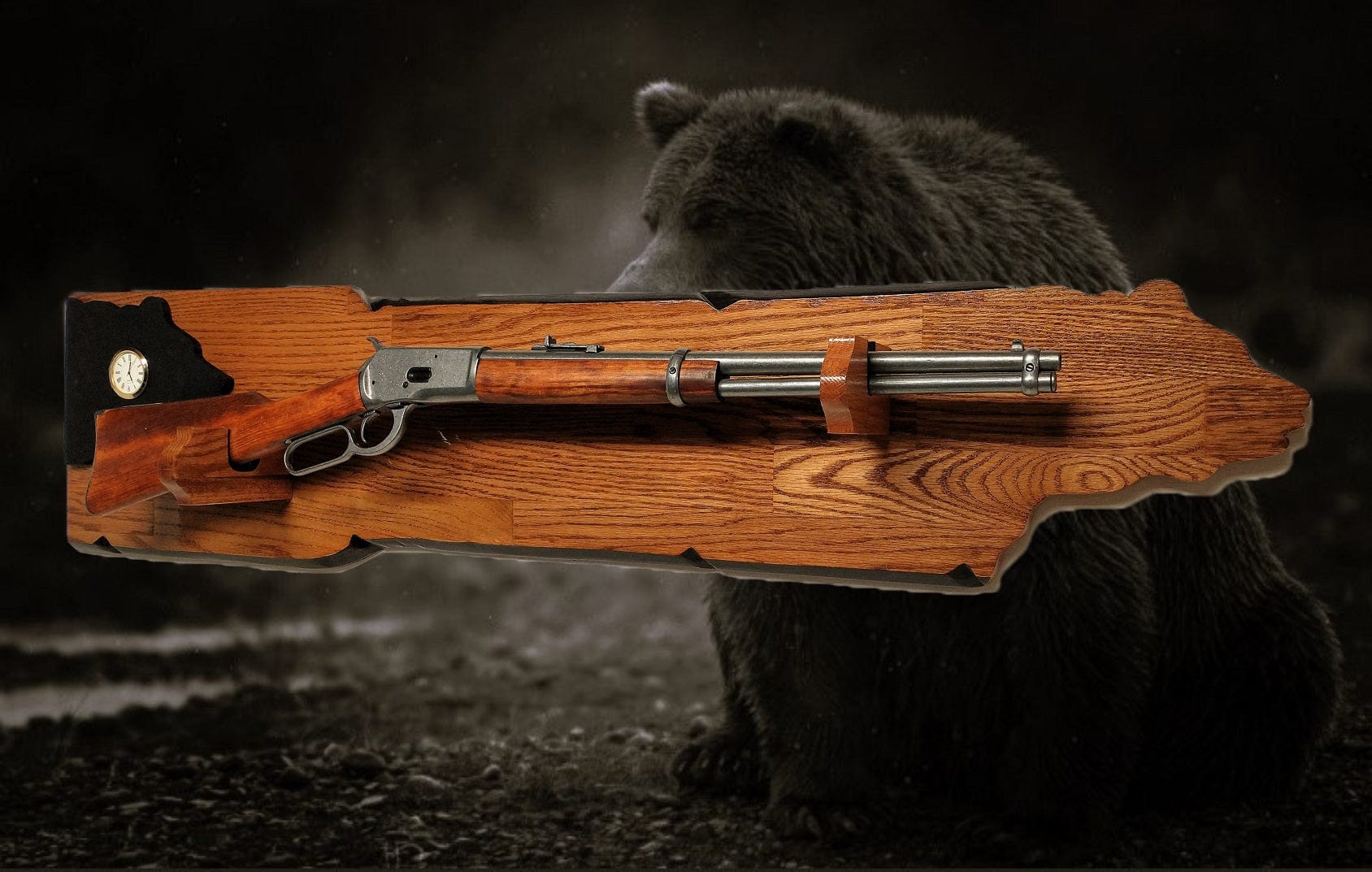 Walker Wood Gifts Rustic Bear Lever Action Henry Rifle Display Faux Live Edge Gun Rack Cabin Oak with Clock Décor Collectors Gift