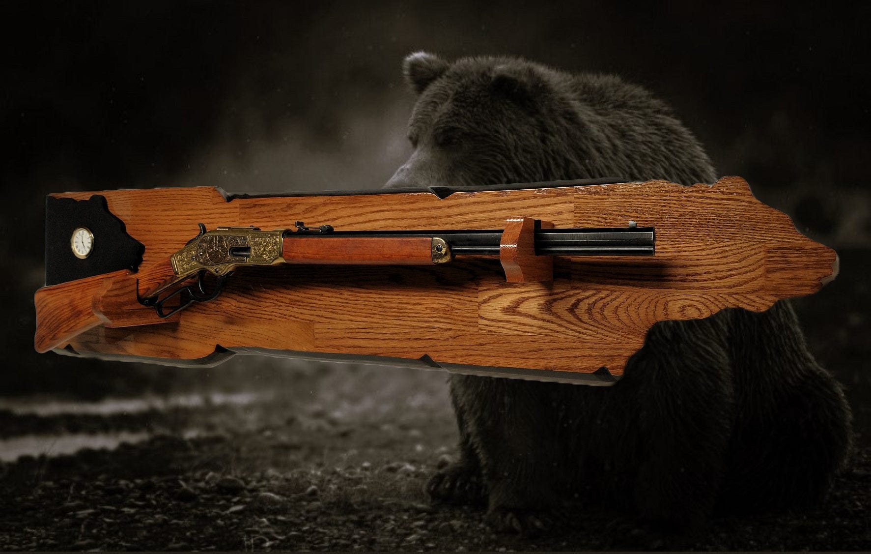 Walker Wood Gifts Rustic Bear Lever Action Henry Rifle Display Faux Live Edge Gun Rack Cabin Oak with Clock Décor Collectors Gift