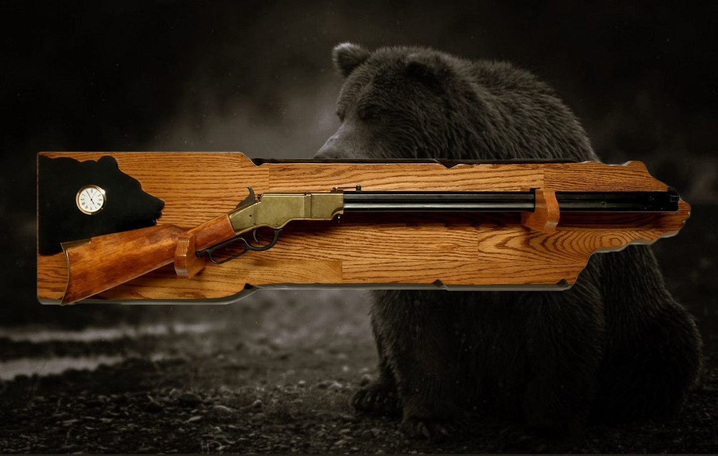 Walker Wood Gifts Rustic Bear Lever Action Henry Rifle Display Faux Live Edge Gun Rack Cabin Oak with Clock Décor Collectors Gift