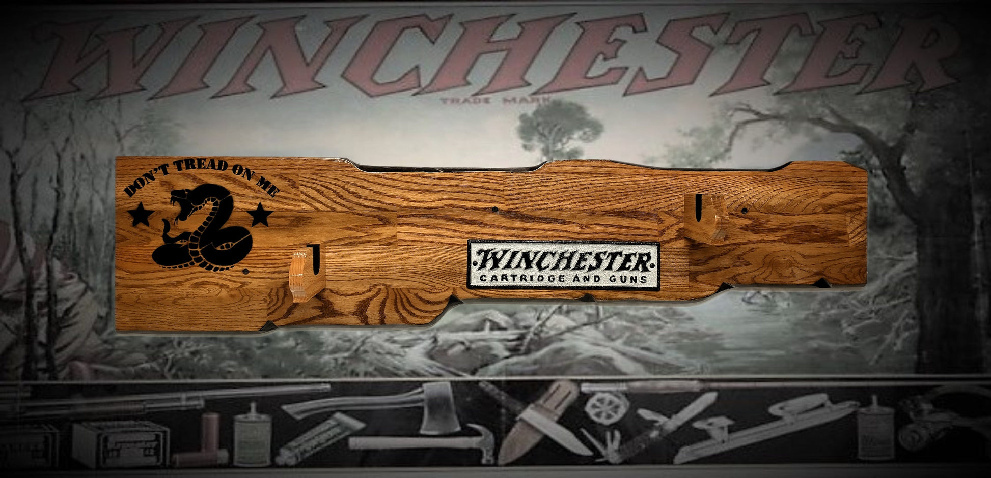 Walker Wood Gifts Rustic Don't Tread On Me Lever Action Winchester Rifle Display Faux Live Edge Oak Gun Rack Cabin Décor Collectors Gift