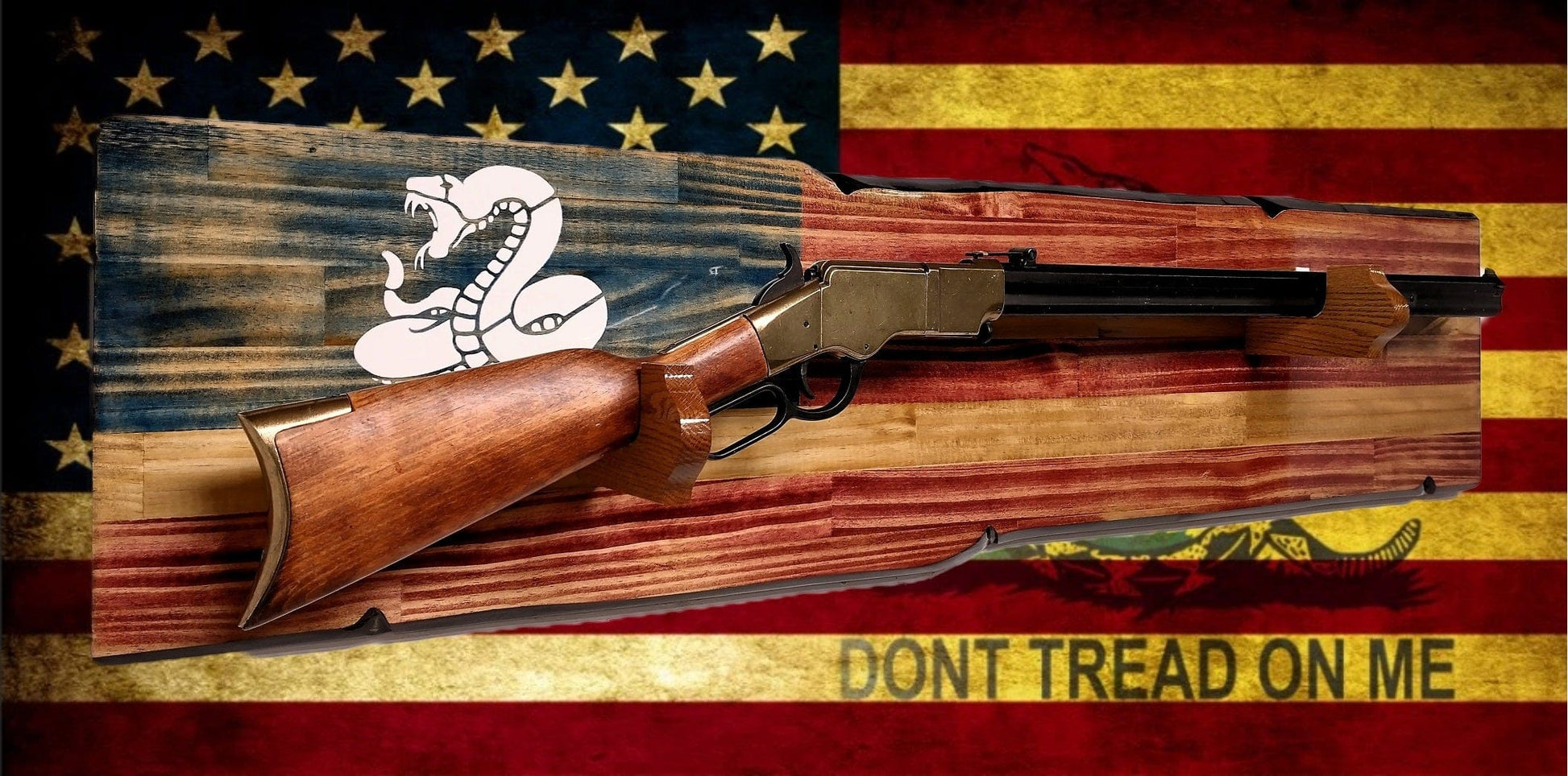 Walker Wood Gifts Rustic Don't Tread On Me Rifle Display Faux Live Edge Knotty Pine Gun Rack Décor Collectors Gift