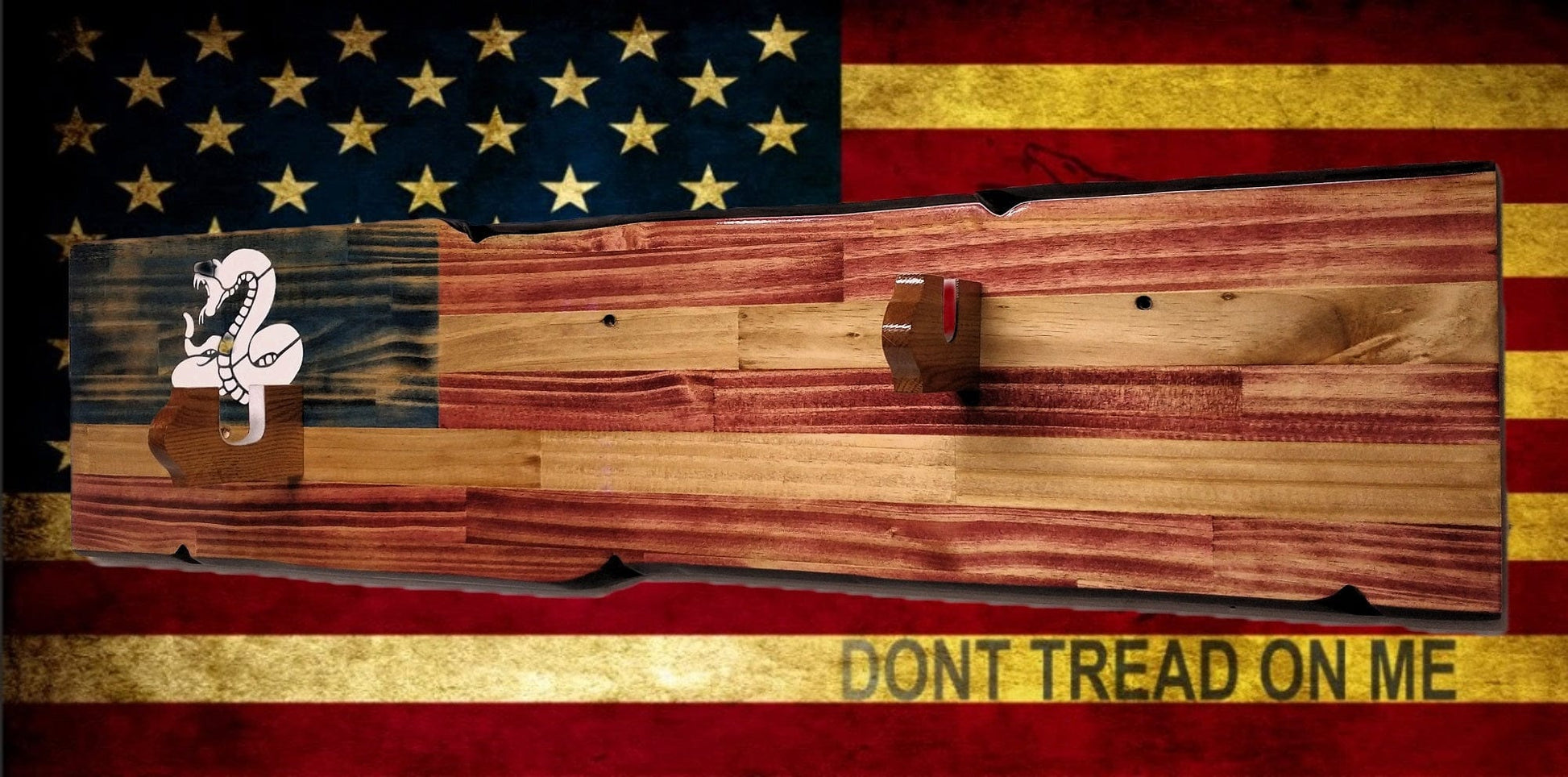 Walker Wood Gifts Rustic Don't Tread On Me Rifle Display Faux Live Edge Knotty Pine Gun Rack Décor Collectors Gift