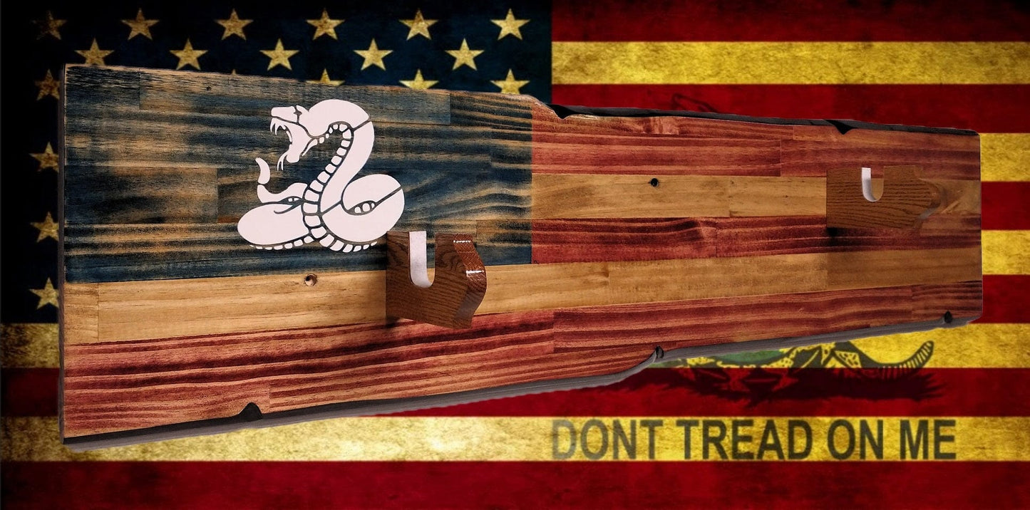 Walker Wood Gifts Rustic Don't Tread On Me Rifle Display Faux Live Edge Knotty Pine Gun Rack Décor Collectors Gift