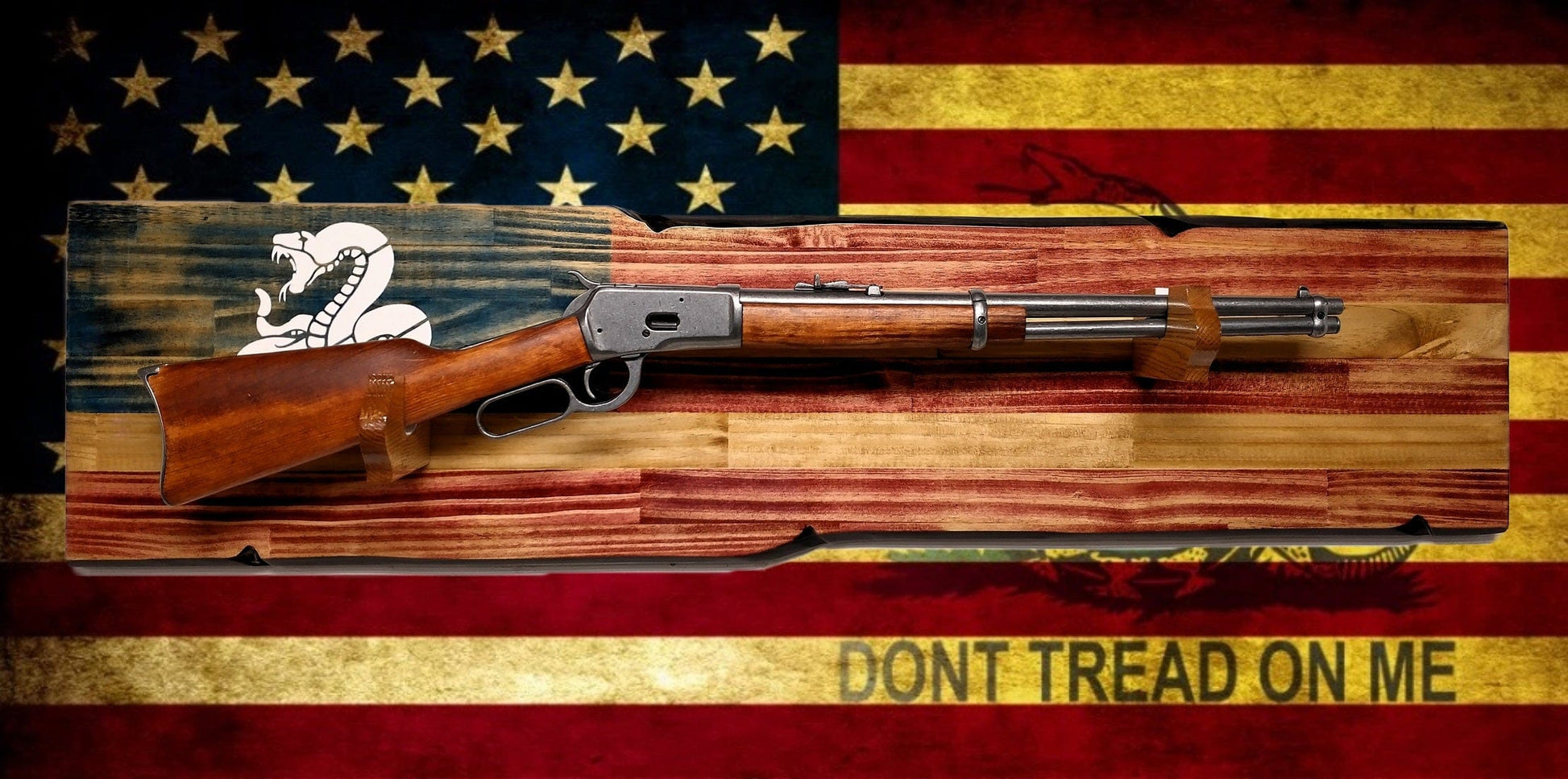 Walker Wood Gifts Rustic Don't Tread On Me Rifle Display Faux Live Edge Knotty Pine Gun Rack Décor Collectors Gift