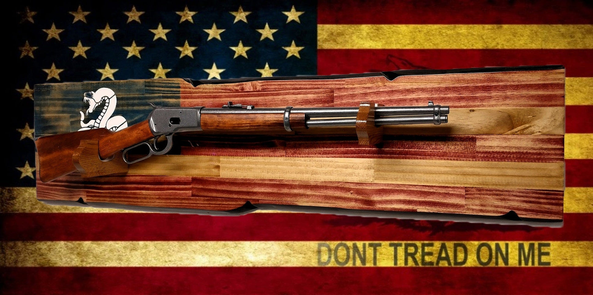 Walker Wood Gifts Rustic Don't Tread On Me Rifle Display Faux Live Edge Knotty Pine Gun Rack Décor Collectors Gift