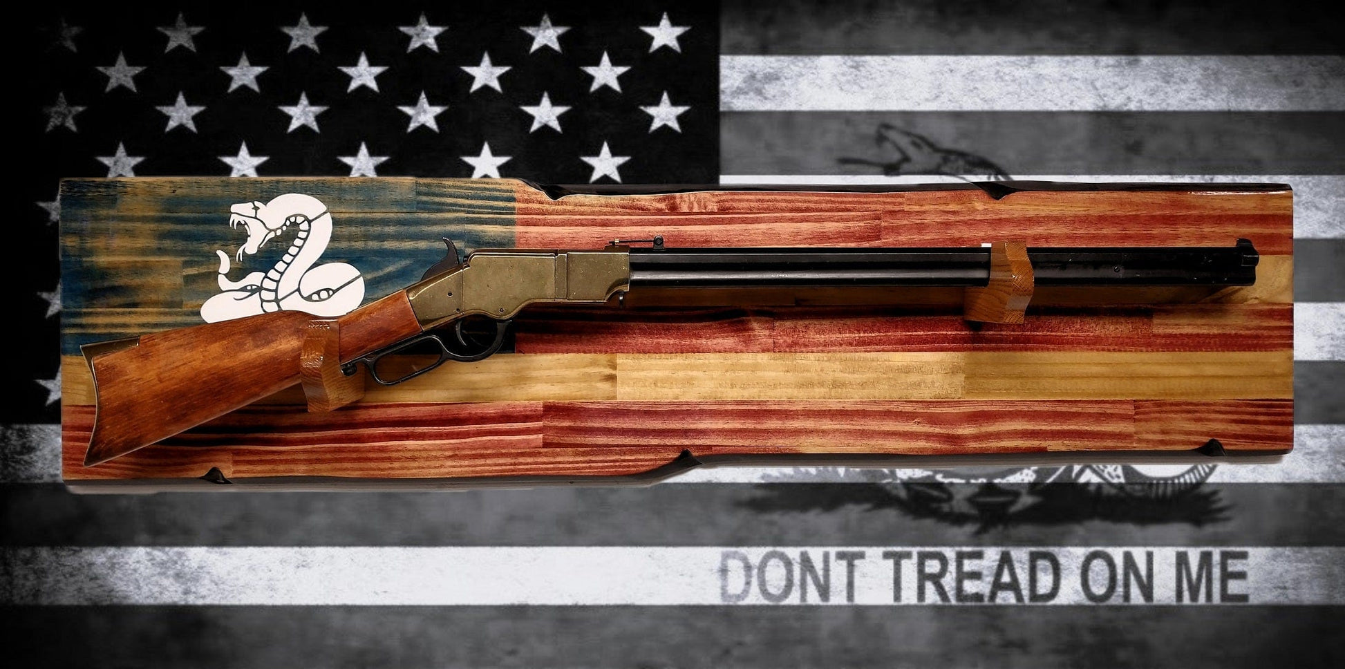 Walker Wood Gifts Rustic Don't Tread On Me Rifle Display Faux Live Edge Knotty Pine Gun Rack Décor Collectors Gift