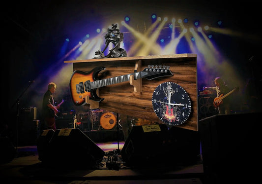 Walker Wood Gifts Rustic Electric Guitar Display Shelf with Matching Clock
