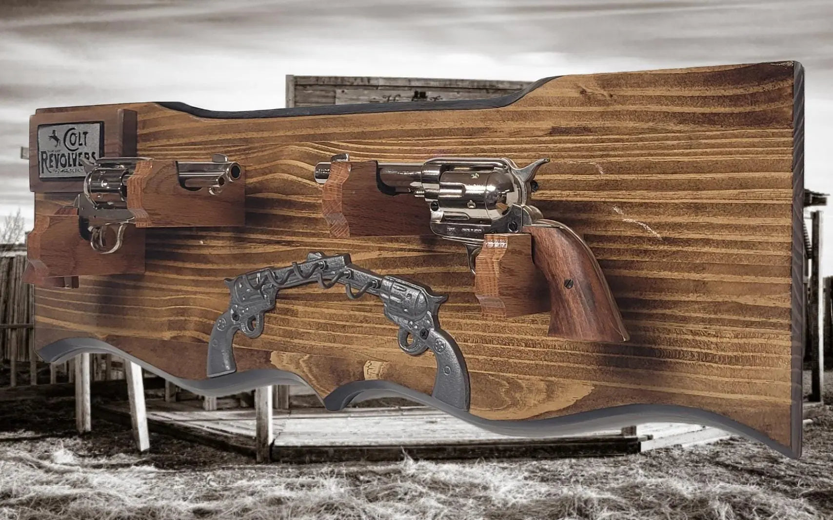 Walker Wood Gifts Rustic Faux Live Edge Double Colt PeaceMaker Pistol Wall Display Key Colt Gift