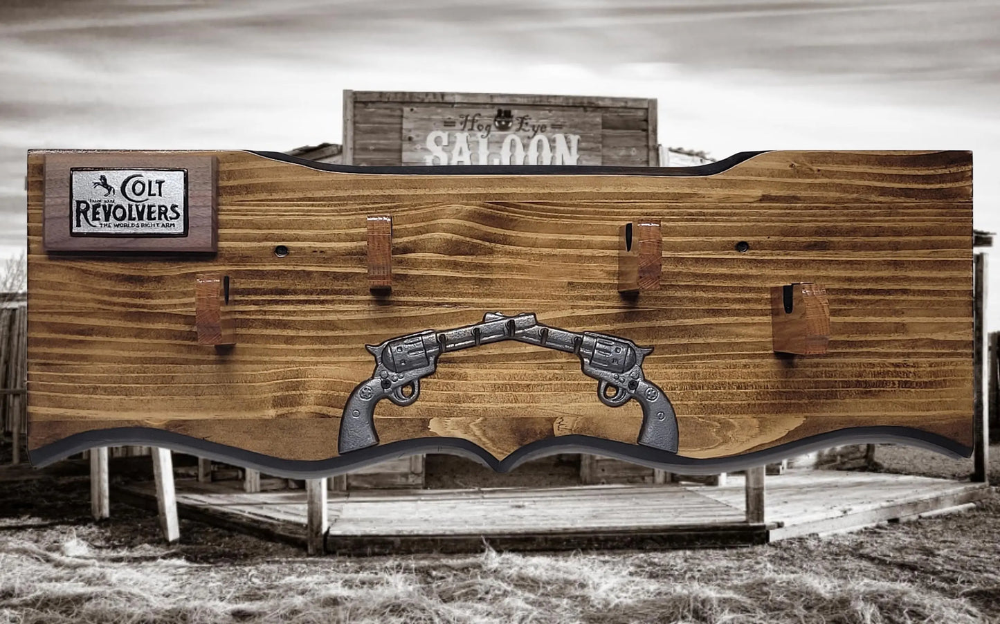 Walker Wood Gifts Rustic Faux Live Edge Double Colt PeaceMaker Pistol Wall Display Key Colt Gift