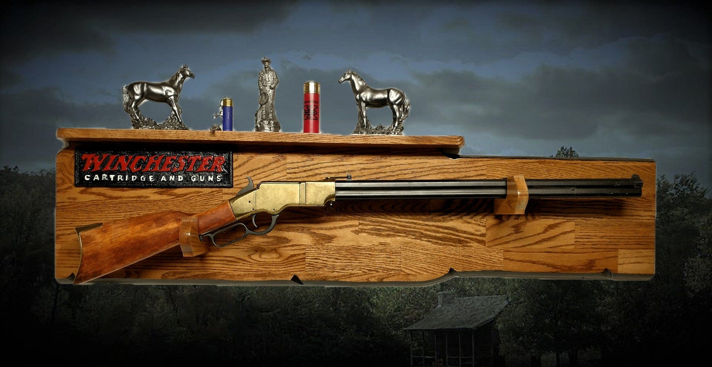 Walker Wood Gifts Rustic Faux Live Edge Lever Action Winchester Cabin Oak Rifle Display with Half Shelf Western farmhouse gift