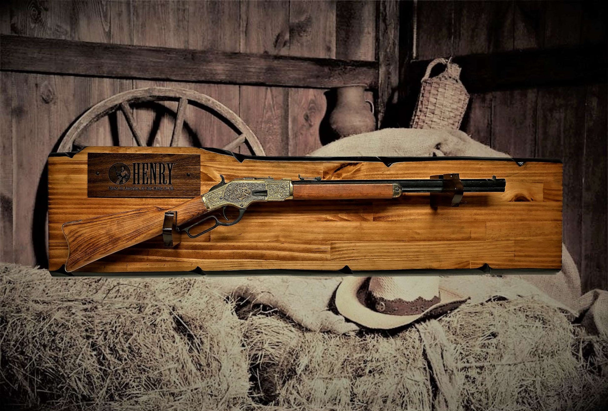 Walker Wood Gifts Rustic Henry Gun Display For Lever Action Rifle Knotty Pine Faux Live Edge Cabin Décor Collectors Gift