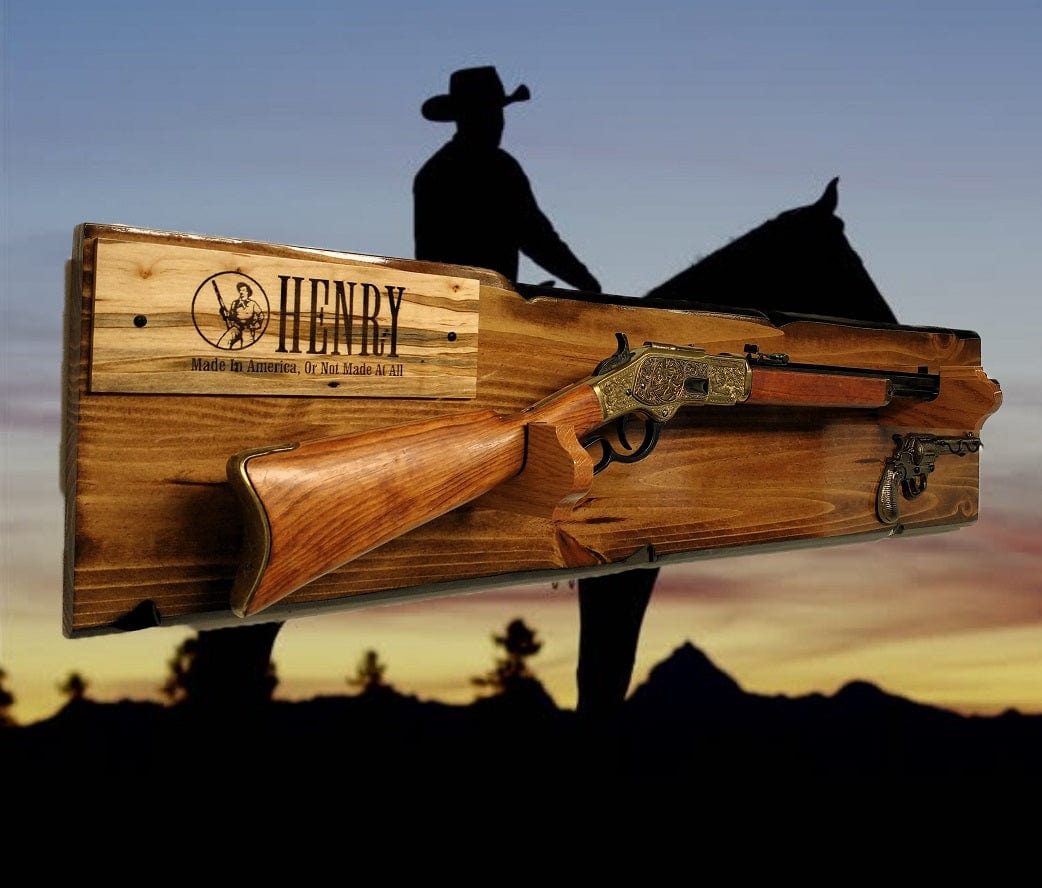 Walker Wood Gifts Rustic Henry Lever Action Carbine Rifle Display Faux Live Edge Knotty Pine Pistol Keychain Ranch Country Home Cabin Décor Collector Gift