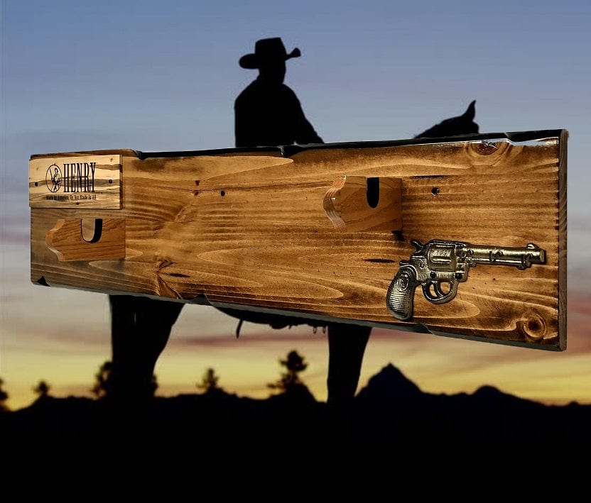 Walker Wood Gifts Rustic Henry Lever Action Carbine Rifle Display Faux Live Edge Knotty Pine Pistol Keychain Ranch Country Home Cabin Décor Collector Gift