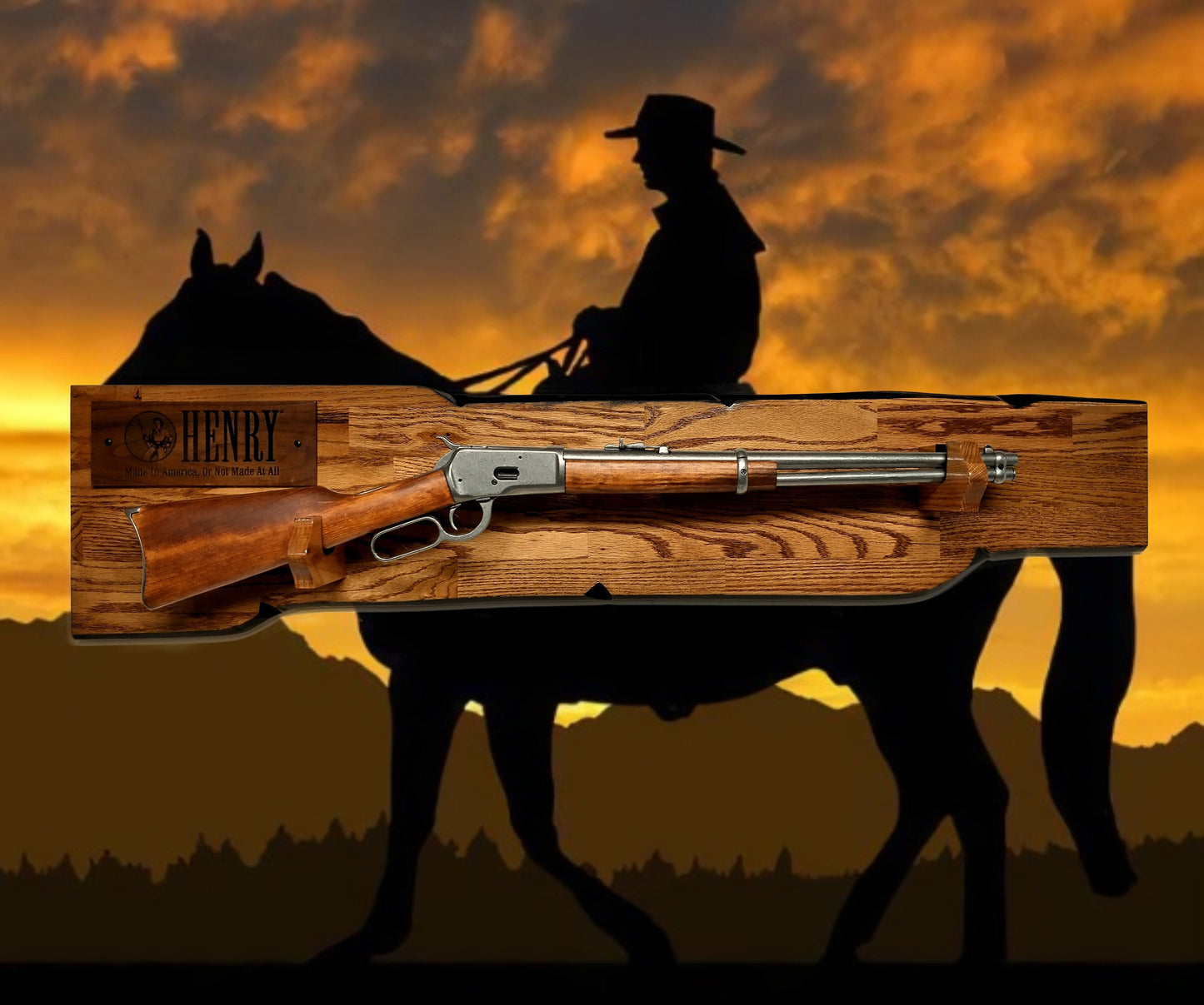 Walker Wood Gifts Rustic Henry Lever Action Rifle Display Faux Live Edge Gun Rack Cabin Oak Décor Collectors Gift