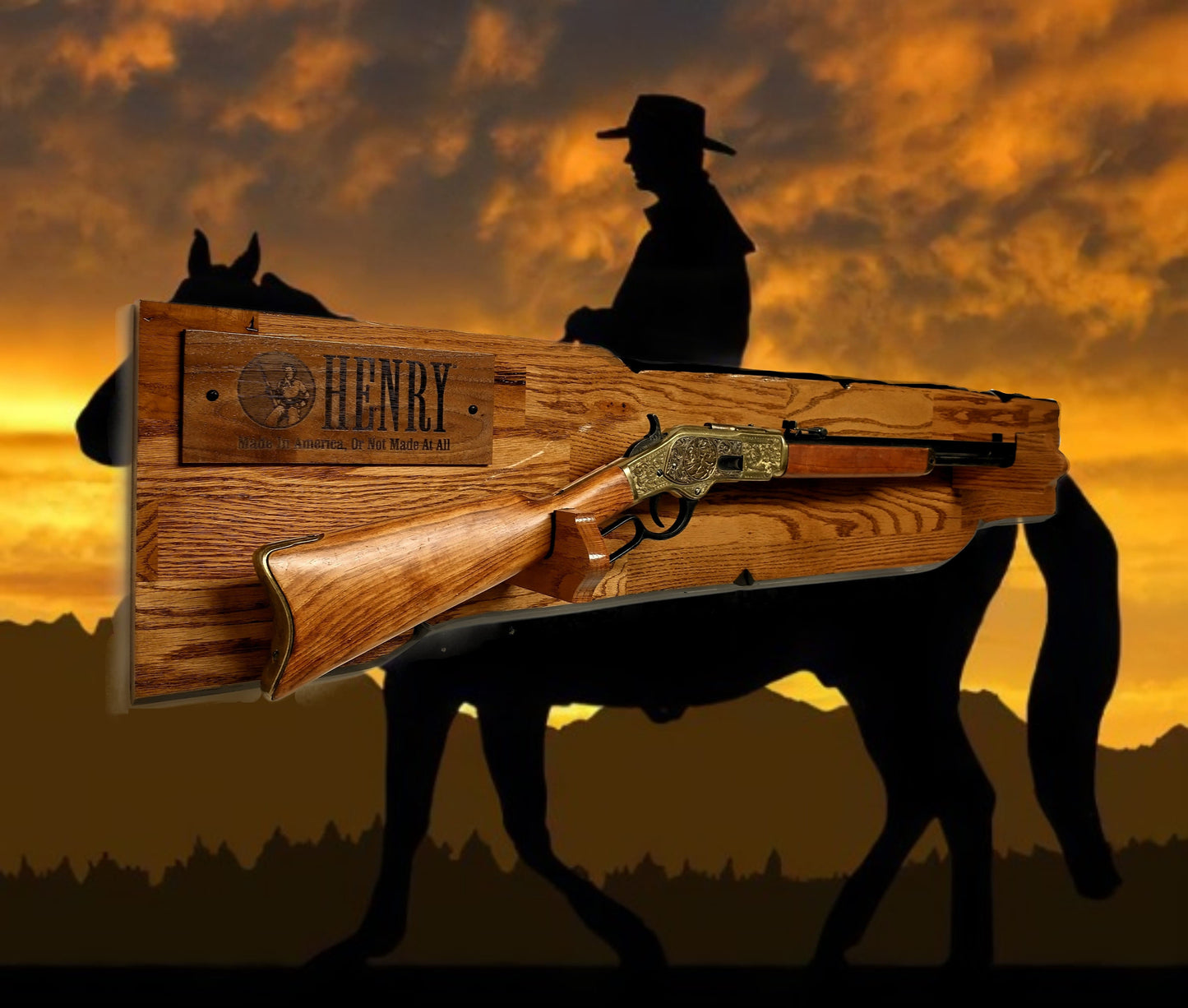 Walker Wood Gifts Rustic Henry Lever Action Rifle Display Faux Live Edge Gun Rack Cabin Oak Décor Collectors Gift