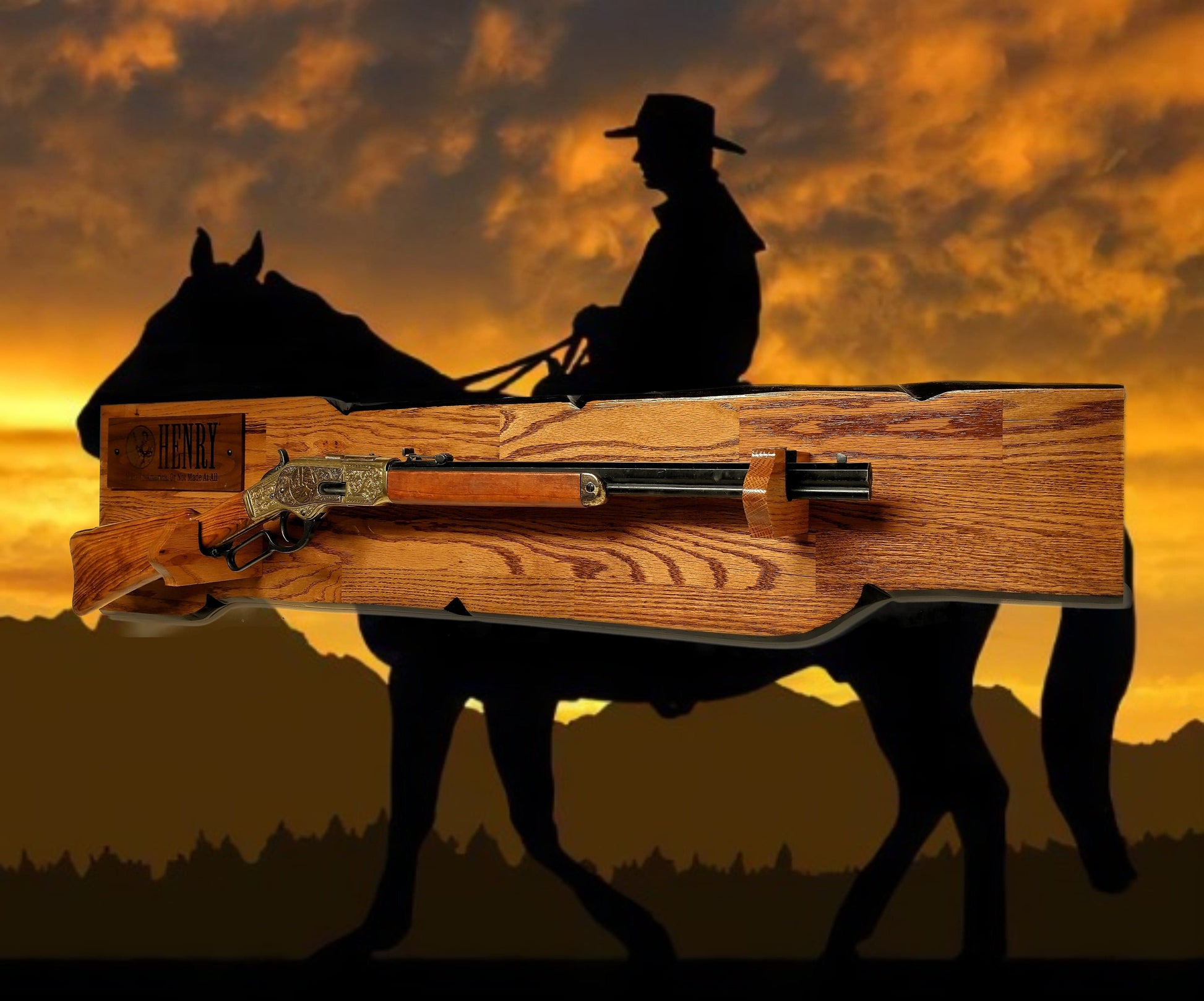 Walker Wood Gifts Rustic Henry Lever Action Rifle Display Faux Live Edge Gun Rack Cabin Oak Décor Collectors Gift