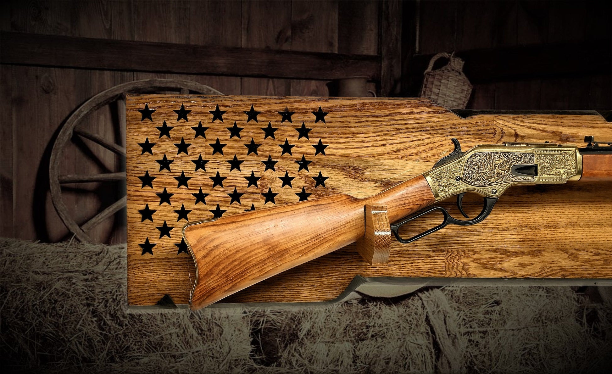 Walker Wood Gifts Rustic Lever Action 50 Black Star Rifle Display Faux Live Edge Oak Gun Rack Cabin Décor Collectors Gift