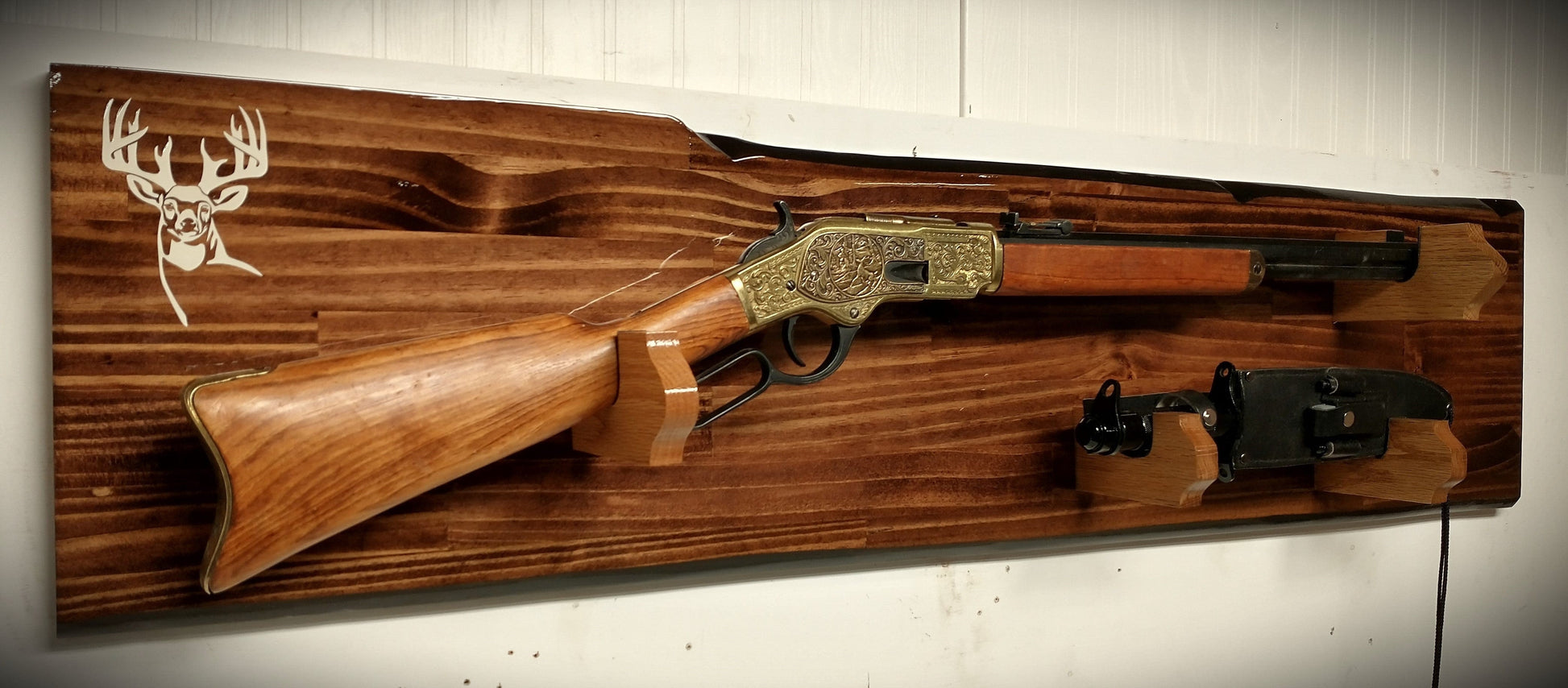 Walker Wood Gifts Rustic Lever Action Gun Rack Display Rifle Faux Live Edge Knife Hunting Cabin Décor Collectors Gift