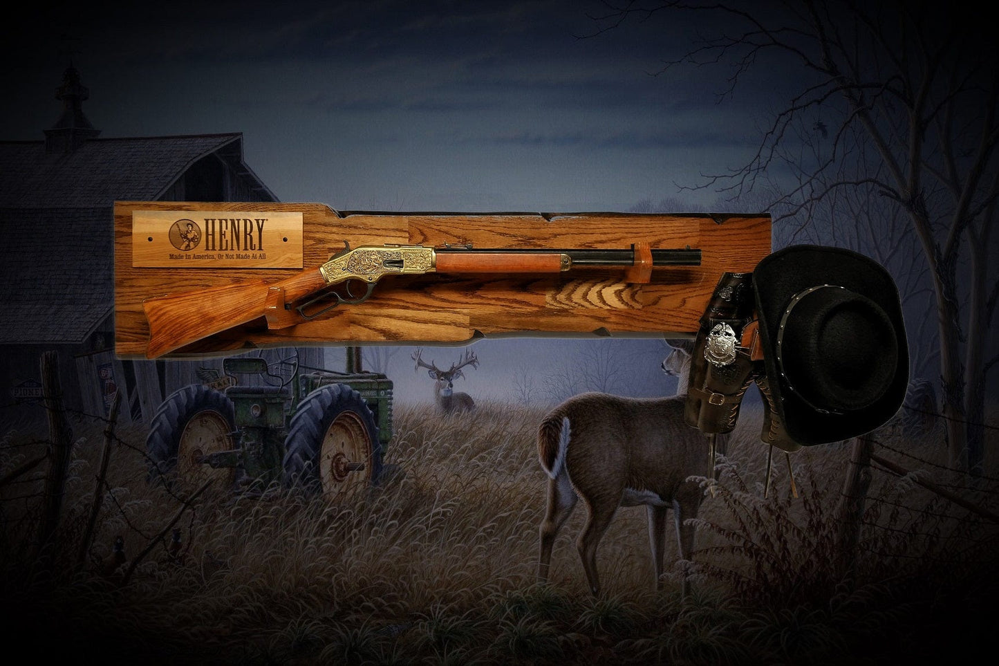 Walker Wood Gifts Rustic Lever Action Henry Rifle Display Faux Live Edge Oak  Gun Rack Cabin Décor Collectors Gift