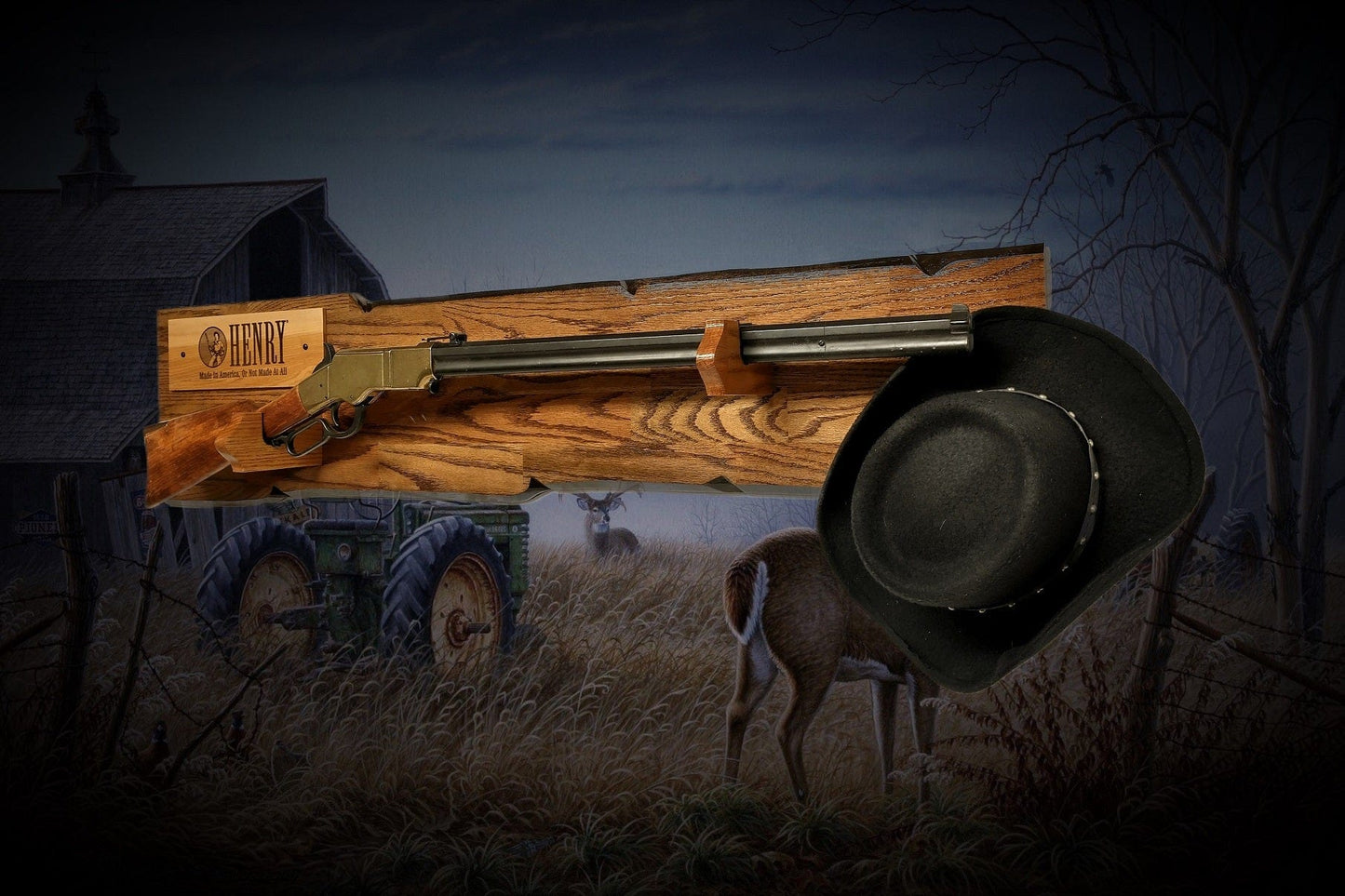 Walker Wood Gifts Rustic Lever Action Henry Rifle Display Faux Live Edge Oak  Gun Rack Cabin Décor Collectors Gift